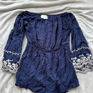 Romeo & Juliet Couture Navy Blue Off-Shoulder Romper with Embroidered Sleeves